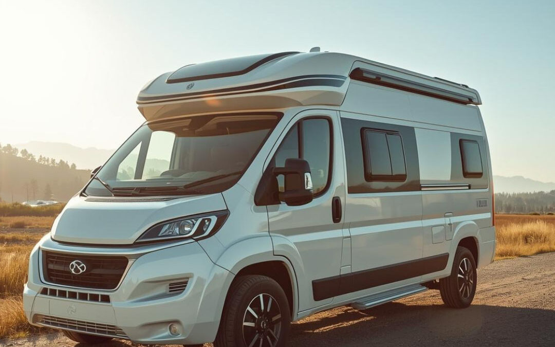 A modern white camper van parked on a dirt road alongside a golden field, illuminated by the warm glow of the setting sun with distant mountains in the background - northplatteinsuranceagency.com